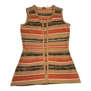 International Boutique 11/12 Brown Knit Vest Striped Open Front Pockets 70s Boho